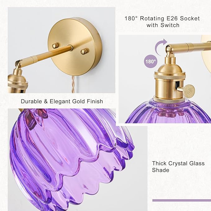 Plug in Wall Sconces Set of 2, Vintage Wall Sconce Light with Tulip Purple Glass Lampshade, Bedroom Wall Sconce with Switch and Plug in wall lamp Cord, Gold Wall Light Wall Decor Set of 2