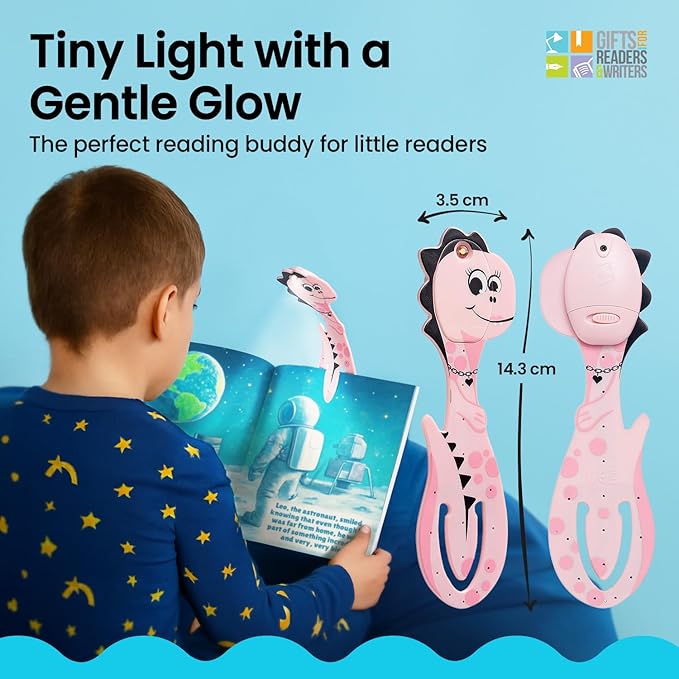 Gifts for Readers & Writers Book Light for Kids, Clip On Reading Light for Bed, 2in1 Flexilight Pals & Bookmark, Small & Lightweight with a Soft Glow, 2 Batteries Included, Dino Pink