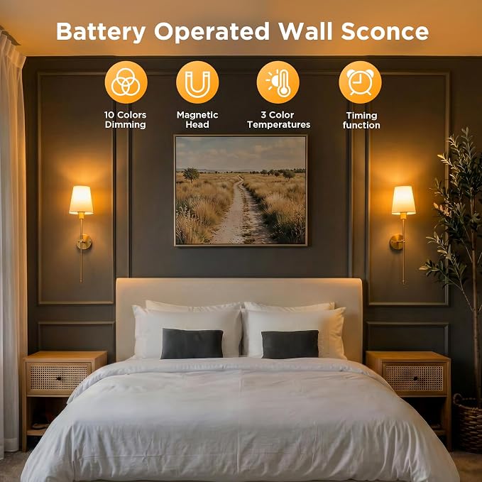 Brightown Battery Operated Wall Sconces Set of Two,Linen Sconces Wall Decor | RGBWW Rechargeable Wall Lights with Dimmable Magnetic Bulbs & Remote, Wireless Wall Lamp for Living Room Bedroom Hallway