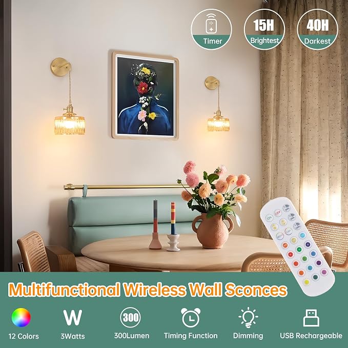 Shenmoyl Battery Operated Wall Sconce with Amber Striped Shade Pattern Glass Adjustable Chain Retro Gold Wall Mounted Light, Modern Wall Lamp Fixtures Decor for Bedside Bedroom Indoor Doorway