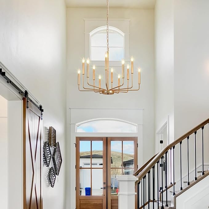 Gold Farmhouse Chandelier, Industrial Metal 12-Light Candle Chandeliers, Rustic Pendant Lighting for Kitchen Island, Dining Room, Living Room, Staircase