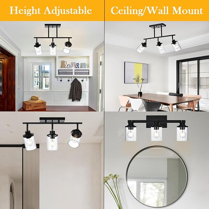 Yaohong Black Track Light Fixtures Ceiling, 3 Light Bathroom Vanity Lights | Modern Kitchen Tracking Lights Flexibly Rotatable Light Head, for Living Room, Bedroom, Hallway, Shop