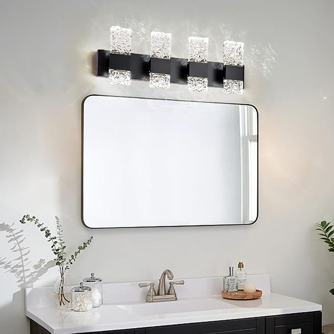 Black Bathroom Light Fixtures Crystal Bathroom Vanity 4 Light Over Mirror Modern LED Wall Light ，6000K Cool Light，40 Watts
