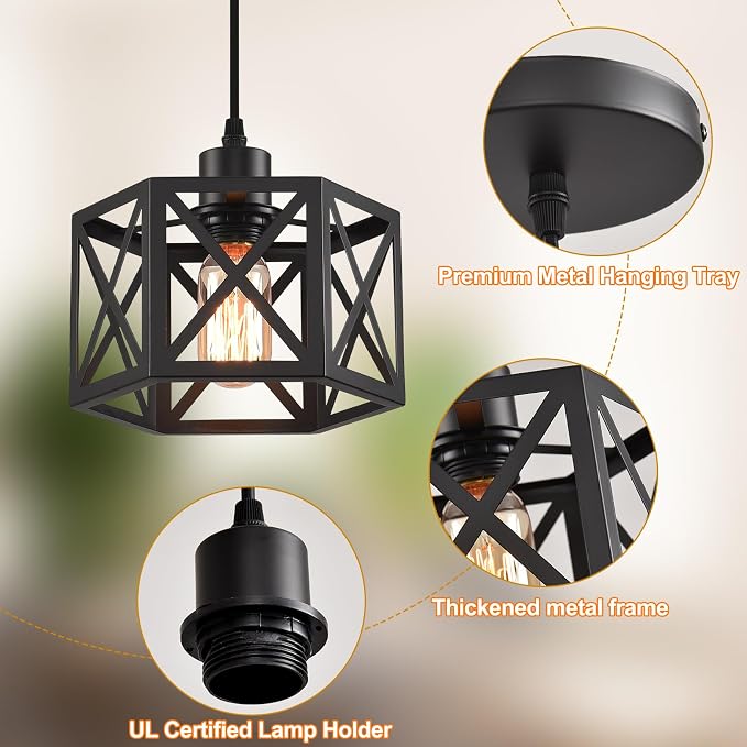 Farmhouse Pendant Light Fixture, Black Pendant Lights for Kitchen Island Industrial Lantern Pendant Light Fixtures with Light Shade, Adjustable Height Hanging Pendant Lighting