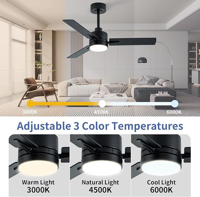 LANMEL Metal Ceiling Fan with Lights and Remote, 42 Inch, Black | Modern Low Profile Flush Mount, Reversible, 3CCT Dimmable, Quiet, LED, For Bedroom, Living Room, Indoor/Outdoor Patio Use