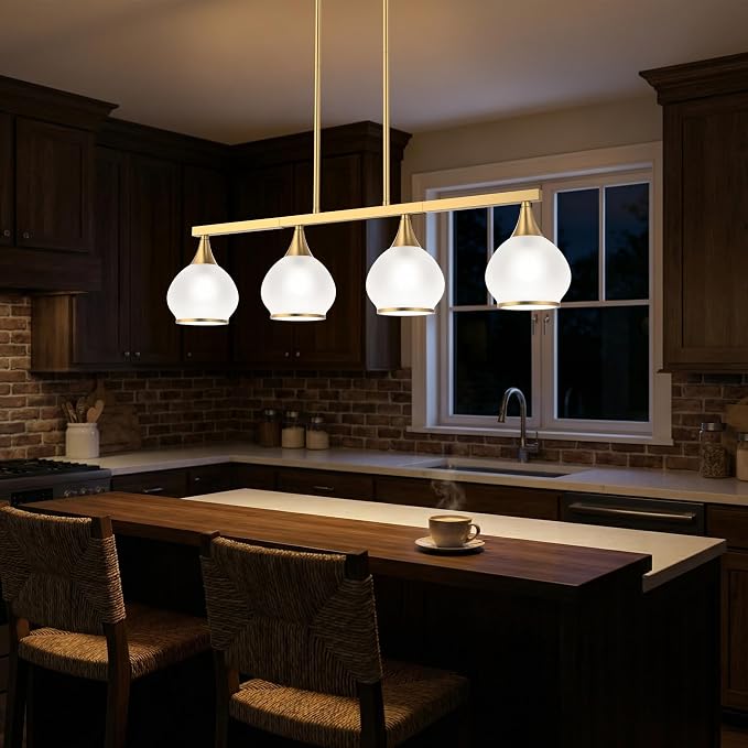 Kitchen Island Linear Pendant Light, 4-Light Gold Dining Room Chandelier with White Glass Globe Shades, Modern Linear Lighting Fixture Over Table