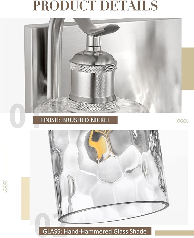 4-Light 27 Inch Bathroom Vanity Light,Hammered Glass,Nickel | Brushed Nickel,Over Mirror Wall Light,E26 sockets,for bathroom mirror,powder room,dressing area
