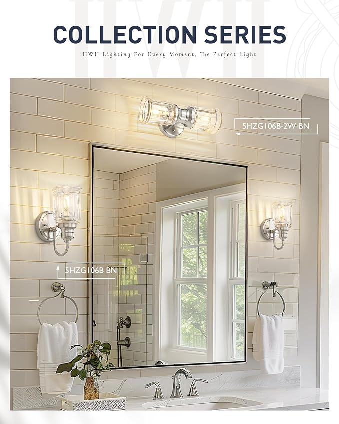 Bathroom Wall Sconces, HWH Brushed Nickel Wall Lighting for Bedroom, 2-Light Bathroom Light Fixtures with Bell-Shaped Clear Glass, Brushed Nickel Finish, 5HZG106B-2W BN