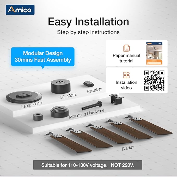 Amico Ceiling Fans with Lights, 52 inch Smart Ceiling Fan with Remote/APP/Alexa Control, Downrod Mount, Reversible DC Motor, 5 Blades, 6 Speeds, 3CCT, Dimmable, Noiseless, Bedroom, Living Room, Black