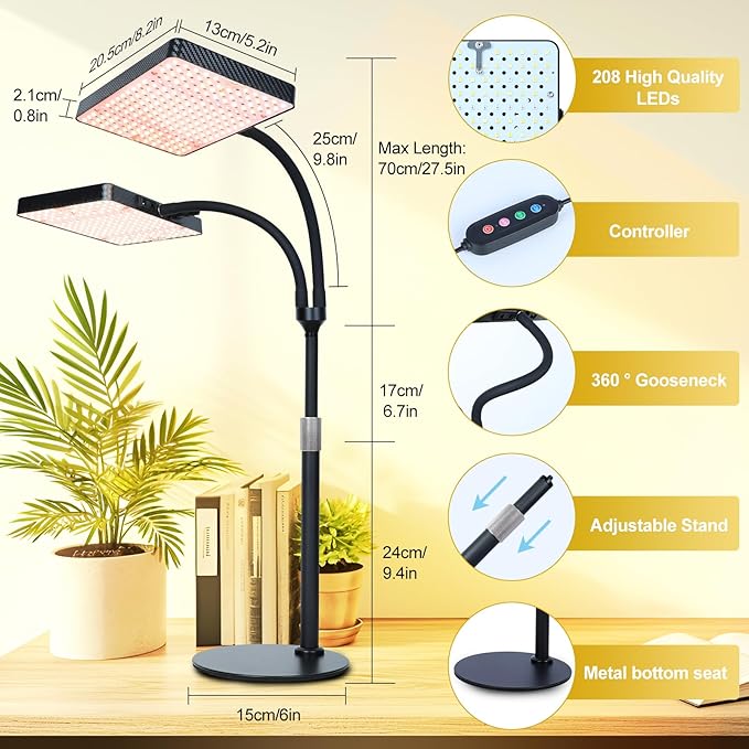 2026 2Head Tabletop Grow Lights for Indoor Plants, Seed Starting, Bonsai, 50 Watt Power Draw, Big Coverage and Bright Enough, Like A Small Sun for Your Jungle, 16"-24" Height Adjustable
