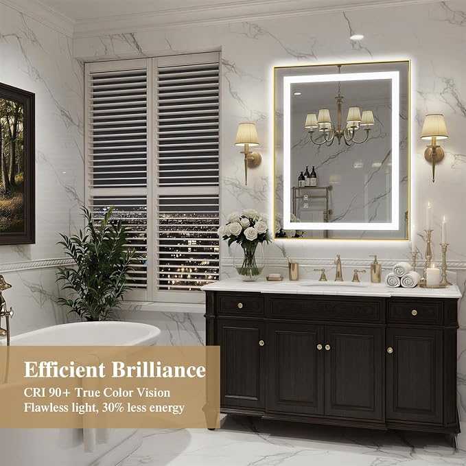 28X36 Inch LED Bathroom Mirror with Lights, Gold Frame Frontlit+ Backlit Bathroom Vanity Mirror for Wall, Ultra-Clear Tempered Glass, Shatter-Proof, Anti-Fog and Memory Function, ETL Listed