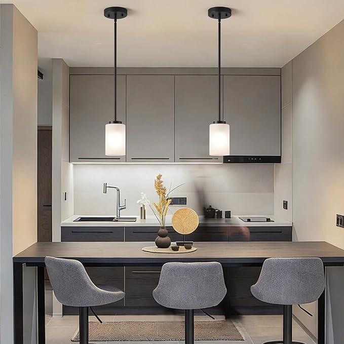 2 Pack Pendant Light Fixtures, Adjustable Kitchen Island Hanging Ceiling Lights with White Frosted Glass Shades, Black, House Indoor Light for Bedroom Living Room