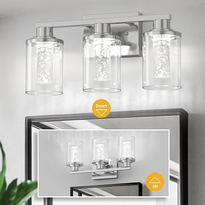 L LOHAS LED 3-Light Brushed Nickel Vanity Lights with 5CCT, Eye Protection LED Bathroom Light Fixtures, Dimmable Modern Bathroom Vanity Light Over Mirror with Clear Glass Shade