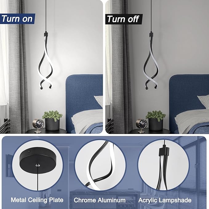 Spiral Led Pendant Lights 14W White 6000K Modern LED Pendant Light Fixture for Kitchen Island Stylish Black Chandelier for Kitchen Dining Room Bedroom Living Room Corridor Stairs