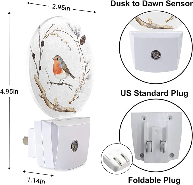 Cute Bird Plug-in Nightlight Robin Bird Nest on Tree Branch Farmhouse Night Lights Plug into Wall with Dusk to Dawn Sensor for Home Bedroom Bathroom, 0.5W Sleep Friendly