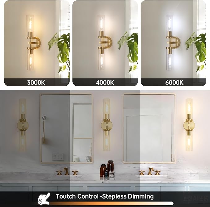 Shenmoyl Battery Operated Wall Sconces Set of Two,21" Gold Rechargeable Wall Lighting Fixtures, Dimmable Wall Lights with Remote & Clear Glass Shade for Living Room,Bathroom,Bedroom