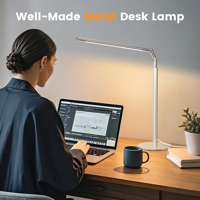 Silver LED Desk Lamp, 16" Dimmable Metal Desk Light with Base, 15W 1200LM, Adapter Included, Color & Brightness Adjustable, Modern Tall Table Lamp for Home Office Reading Study Task Laptop
