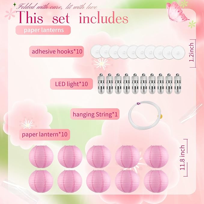 Chinese Paper Lanterns - Pack of 10, 12-Inch Pink Hanging Lights for Birthday Party Decorations, Ceiling Decor, Rainbow Classroom, Wedding, and Home Party