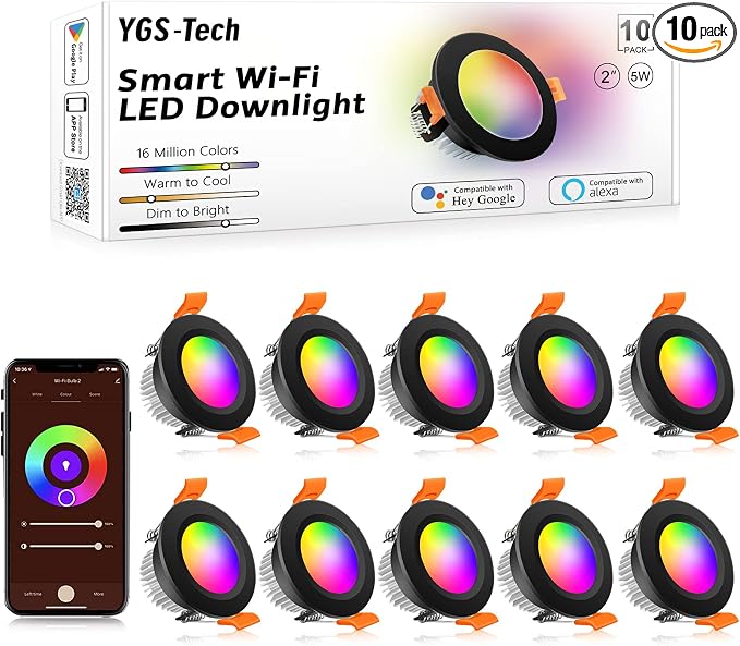 Smart 2 Inch Recessed Lighting, WiFi LED Downlight 5W 120V, Compatible with Alexa and Google Home, Dimmable RGB & CCT 2700-6500K, Black Trim, LED Ceiling Light with Driver (10 Pack)