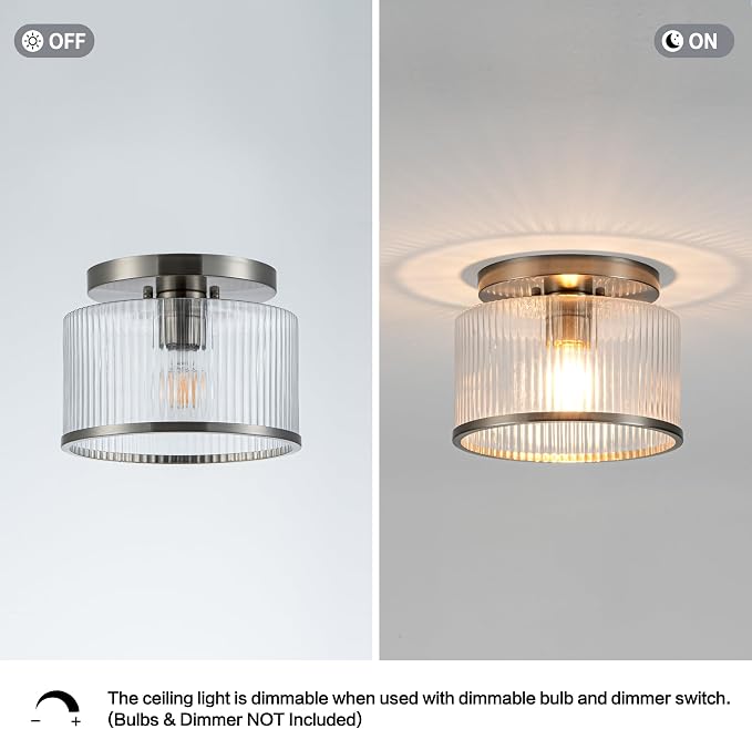 Zlepmlla Glass Ceiling Light, Clear Ribbed Glass Ceiling Light Fixture with Nickel Metal Frame, Modern Semi Flush Mount Ceiling Light for Hallway,Entryway, Bedroom, Bathroom, Kitchen