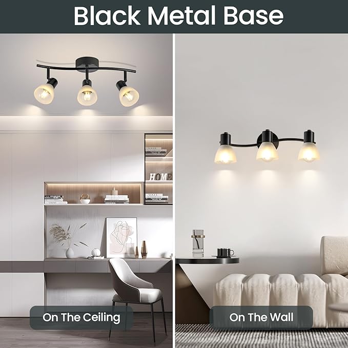 KEESFU 3 Light Track Lighting Fixtures Ceiling,Adjustable Directional Ceiling Lights with Glass Shade,Industrial Ceiling Spotlight for Kitchen Over Sink Bedroom Hallway Living Room,E12base.