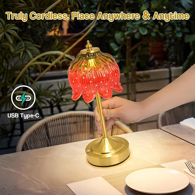 Cordless Table Lamp, Rechargeable Strawberry Glass Flower Lamp | 5200mAh touch lamp with 3 color modes and stepless dimming, battery operated lamp for nightstands and kitchen counters