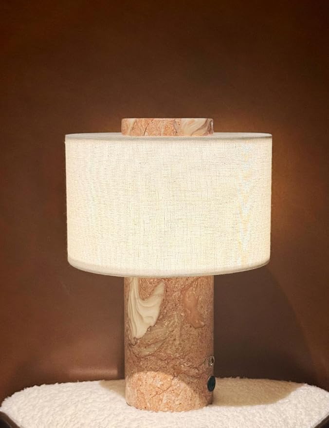 BSOD Marble Lamp, Stone Table Lamps Collection - Modern Cylindrical Lampshade Cordless Luxury Design Bedside Lamp for Home Decor, Bedroom, Living Room & Office (Plug-in Pink Lumachella Lamp)