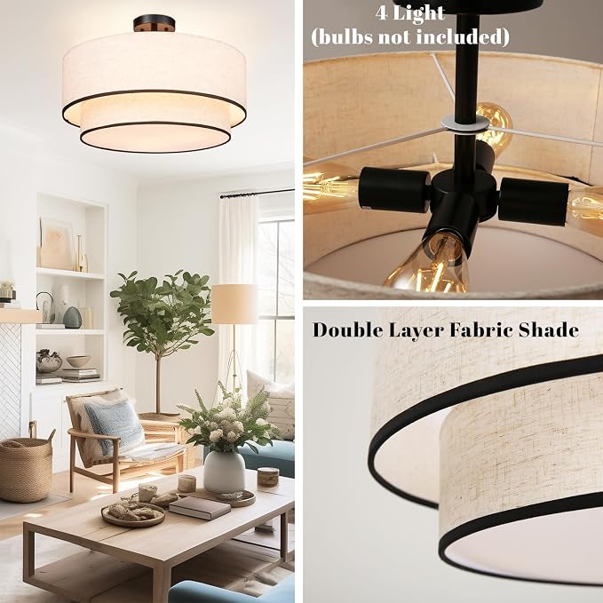 Hamilyeah 20 inch Semi Flush Mount Ceiling Light Fixture with Fabric Shade, Beige Double Layer Light Fixture with 4 Light, Modern Close to Ceiling Lighting for Living Room, Bedroom