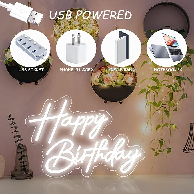 Happy Birthday Neon Sign for Wall Decor, 17×12 Inch White Led Neon Light Signs, Art Decoration Happy Birthday Neon Light Sign for All Birthday Party Decoration with 2 Pcs Pasters