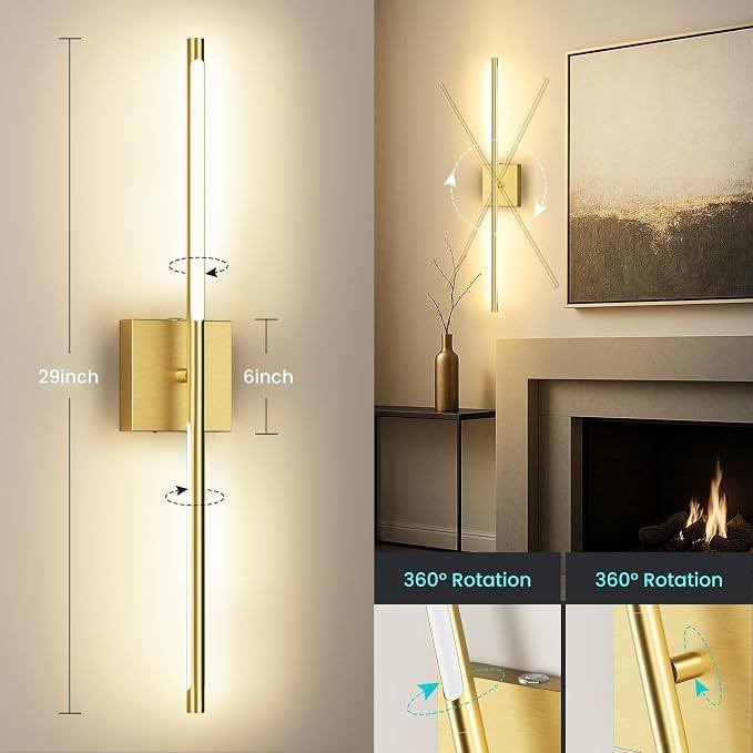 10000mAh Battery Operated Wall Sconces Set of 2, Gold, 29 Inch, 3CCT | Renter Friendly, Rechargeable Wall Lights, Remote Control, 360° Rotate, Dimmable, LED Cordless Lights for Bedroom Living Room