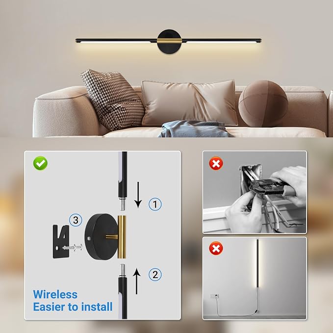 TaoFiaCo Battery Operated Wall Sconces, 360°Rotate Wireless Rechargeable Wall Sconces with Remote Control, Black Gold, Dimmable, Timing Decor Lights for Bedroom Hallway, 31.5 Inch 1 Pack