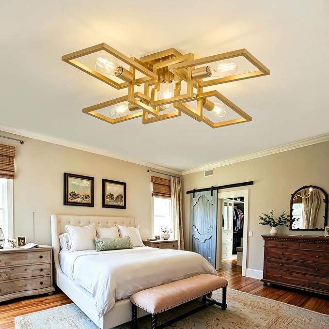 ZGLAOJT Semi Flush Mount Ceiling Light 5-Light Gold Kitchen Light Fixtures | Modern Large Matte Sputnik Chandelier for Dining Room Bedroom Farmhouse Living Room