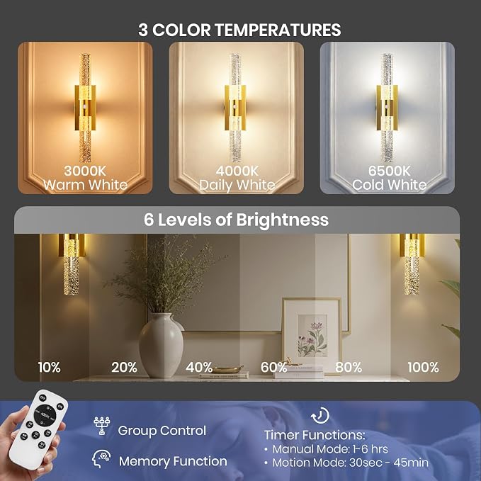 IRONPAX Wall Sconces Battery Operated Set of 2, Wireless Rechargeable Wall Sconce Set of Two, Dimmable Wall Lights with Remote for Bedroom Living Room Hallway Decor (Brushed Gold, Bubble Crystal)
