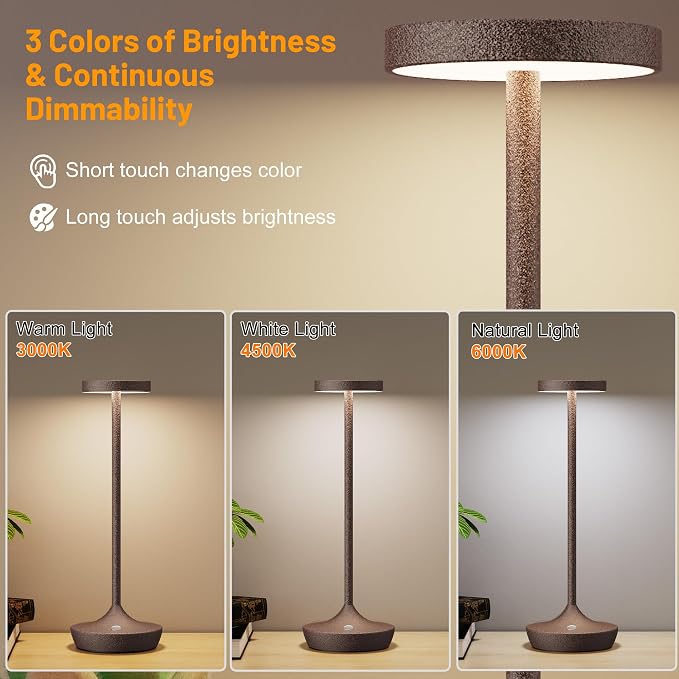 2 Pack Cordless Table Lamps, Rechargeable 6000mAh, 72H Runtime, Waterproof | Stepless Touch Dimming with 3 Color Modes & Memory Function for the Perfect Ambiance at Home, Restaurants & Patios (Rust)