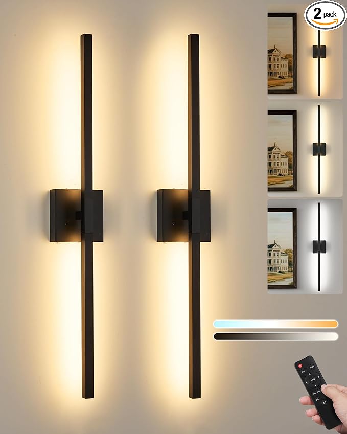 Rayogale Black Battery Operated Wall Sconce with Remote Control 36 Inch | 3000/4500/6000K Dimmable 8000mAh Wireless Rechargeable Wall Sconces Set of Two with Timer for Living Room, Bedroom, TV