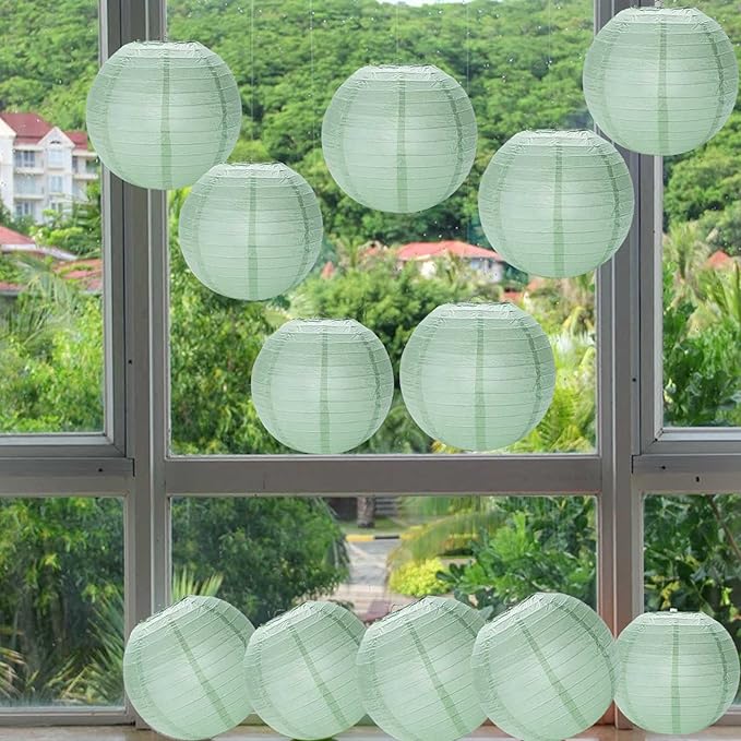 Dusty Sage Green Paper Lanterns 12Pcs Hanging Round Paper Lanterns Decorative for Graduation Baby Shower Wedding Birthday Family Parties ﻿