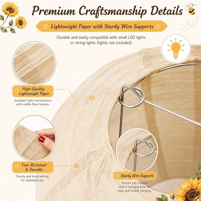 Paper Lanterns Set (12 Pcs) - 6/8/10 Inch Coffee, Yellow, Khaki, Lemon Yellow & Off-White Round Hanging Lanterns for Birthday, Bee Baby Shower, Capybara & Brown Bear Party Decor