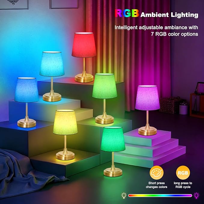 Wowag Small Cordless Table Lamp Rechargeable,5000mAh Battery Operated Desk Lamp,3 Colors & 7 RGB Stepless Dimmable,Touch Ambient Light for Bedside,Bedroom,Dining Room,Living Room,Gold,FlaxenShade