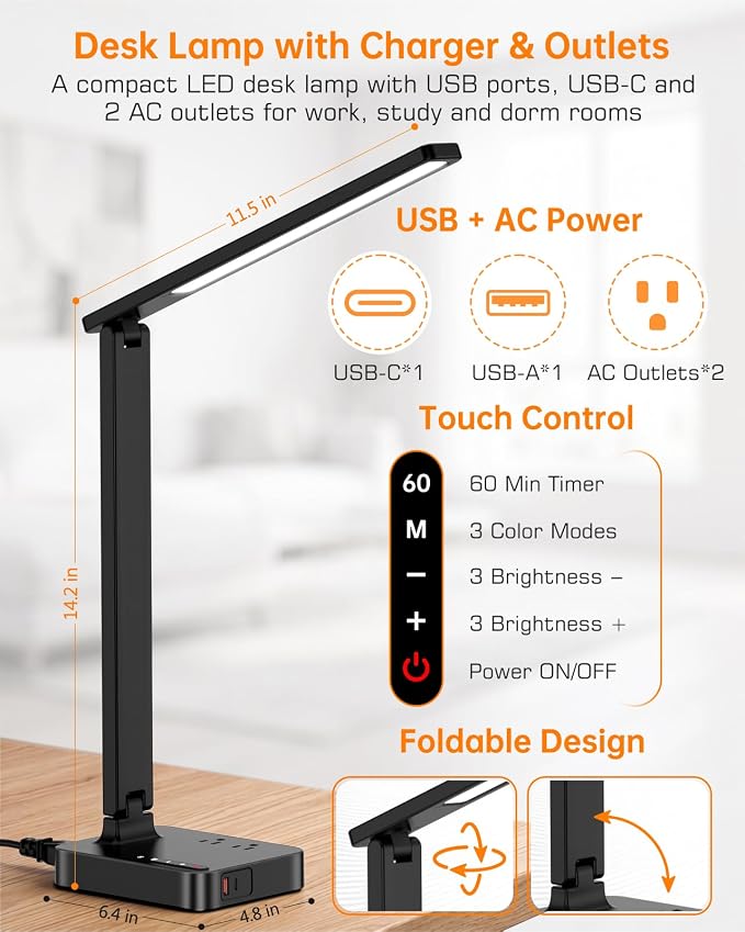 LED Desk Lamp for Dorm Office, USB-C & 2 AC Outlets Charging, Black | LED Desk Lamps for Home Office with 2 USB Charging Ports(1 USB-C), 2 AC Outlets, Foldable Small Desk Lamp for Study Reading