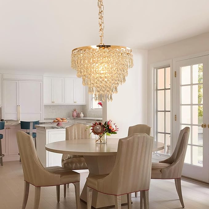 FRIXCHUR 11.8'' Gold Crystal Chandelier LED Flush Mount Crystal Ceiling Pendant Light for Living Room, Dining Room