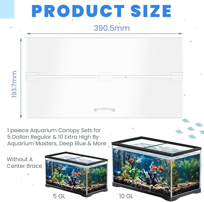 Sieral Aquarium Lids Polycarbonate Canopy with LED Light 15.37 x 7.63 x 0.12 Inch for 5/10 Gallon Without Center Brace Aquariums Cover Fish Tank Lid with a Hook Knife, Clear