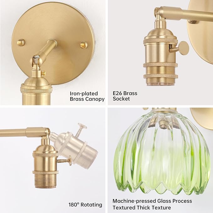 Shenmoyl Vintage 5000 mAh Battery Operated Wall Sconce with Green Clear Tulip Gradient Glass Lampshade Rechargeable Battery Powered Wall Light with Remote Control for Bedroom, Set of 2