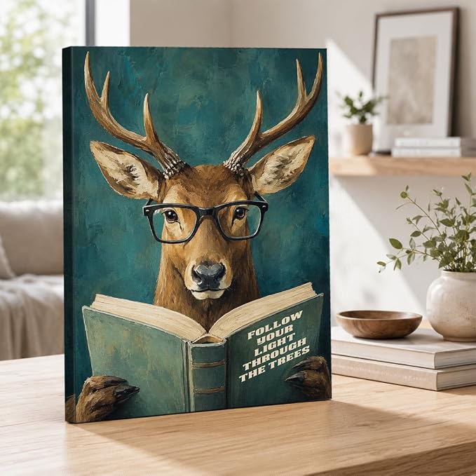 NSFBESSLIA Funny Reading Deer Painting, Whimsical Vintage Animal Decor, Follow Your Light Through The Trees, Motivational Wall Art for Living Room Bedroom Entryway, 8x10 Inch
