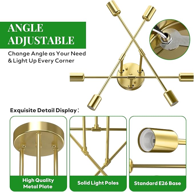 Modern Sputnik Chandelier Ceiling Light Fixtures, 6-Lights 22” Mid Century Industrial Metal Semi Flush Mount for Dining Room, Bedroom, Living Room-Brushed Gold