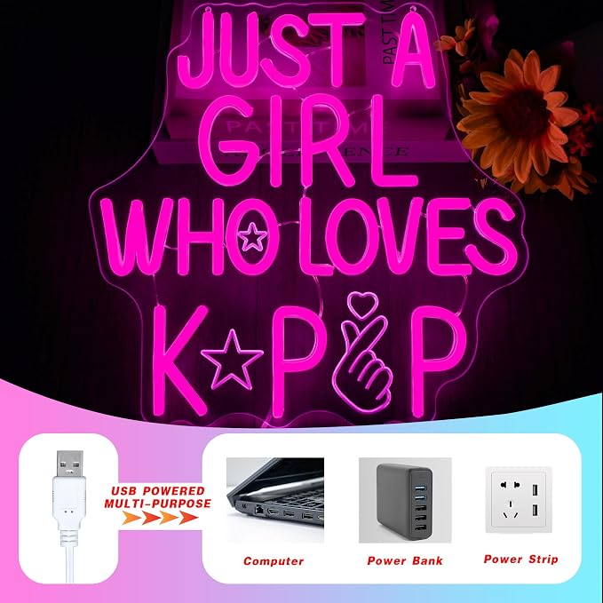 Kpop Neon Sign - Just a Girl Who Loves Kpop LED Light Dimmable USB Powered Neon Lights for Girls Room Decor, Teen Bedroom Aesthetic, Kpop Fan Gift, Korean Music Wall Art, Dorm Decor(12.7 * 12.4inch)