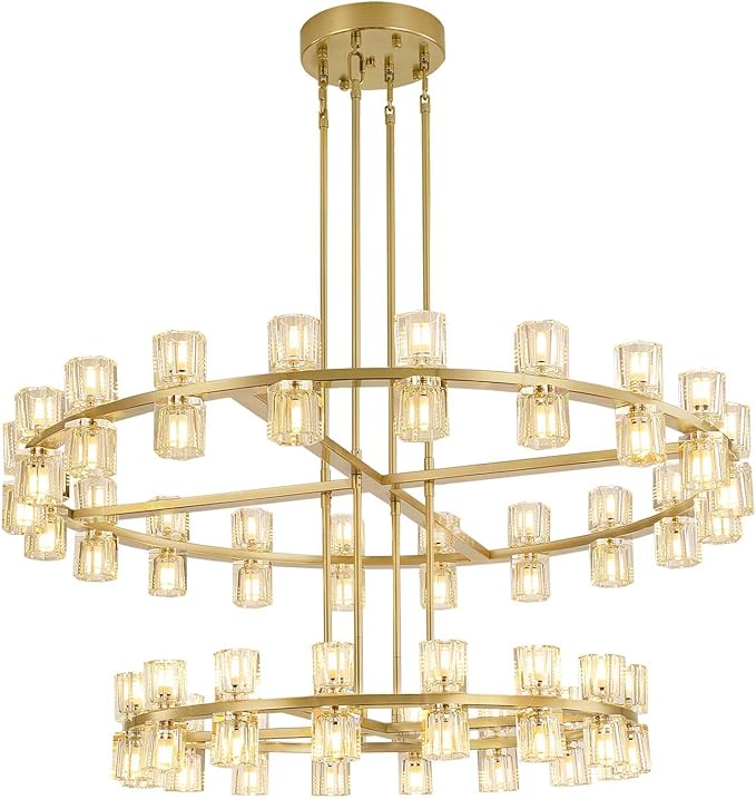 D32''+D40'' Large Gold Wagon Wheel Chandelier 72-Lights Gold Round Chandeliers Glass Chandelier for Dining Room,Living Room Vintage Chandeliers