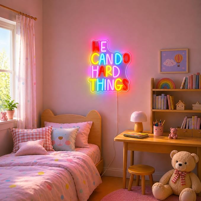 We Can Do Hard Things Neon Sign for Wall Decor Positive Inspirational Neon Light USB Dimmable Classroom Office Library LED Light Up Sign for Bedroom Birthday Party Classroom Backdrop Decoration