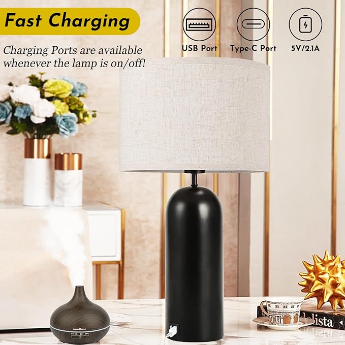 Black&Cream Table Lamps Set of 2 - 3-Way Dimmable with USB A+C Ports - Modern End Table Lamps for Living Room & Bedroom - 22inch