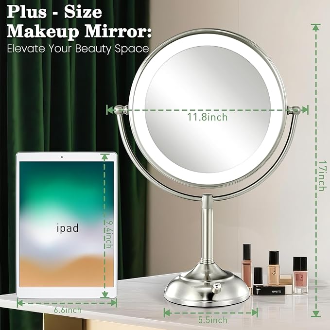 11.8" Extra Large 17" Tall Lighted Makeup Mirror, 1X/5X/10X 3-Sided Magnifying Mirror with 96 LEDs, 3 Color Dimmable Lights, 360° Swivel Dual Power Vanity Mirror, Nickel Finish Luxury Gift Box