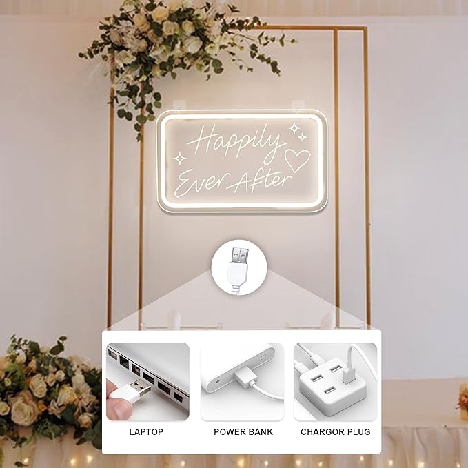 Happily Ever After LED Neon Sign Warm White Wedding LED Wall Light Letter Neon Lights Sign for Wall Decor USB Light Up Sign Neon for Home Bedroom Bar Pub Decor Valentine's Day Girls Gift Club Party